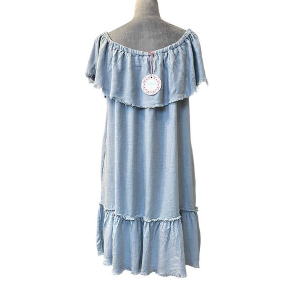 Umgee Dress Womens Large Blue Linen Chambray Off Shoulder Ruffled Side Pockets - Picture 2 of 9